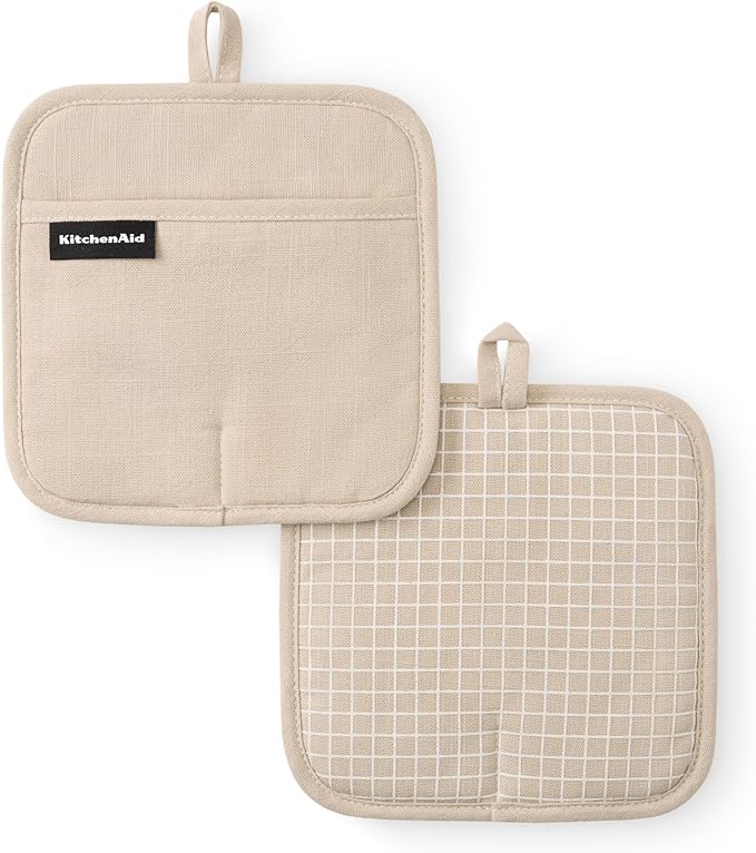 KITCHENAID Gourmet Series Gridlines Pot Holders 2-Pack Set, Heat Resistant up to 600°F, Soft Silicone Grip, Magnetic Cuff, Milkshake Tan, 8"x8"