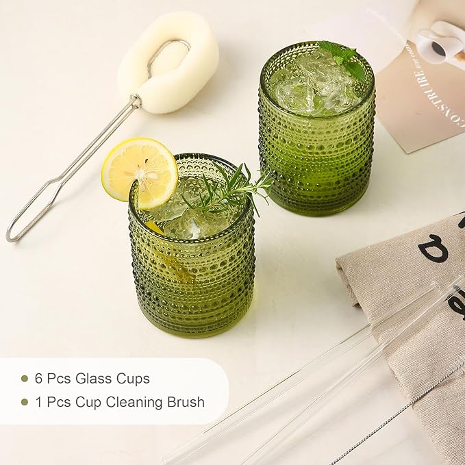 ZMOWIPDL Vintage Glassware Drinking Glasses Set of 6,12 oz Hobnail Glass Cups,Embossed Green Water Tumbler,for Beer,Cocktail,Whiskey,Juice and Various Mixed Drinks- 1 Cleaning Brush