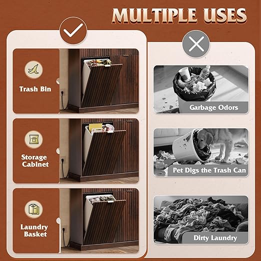 WLIVE 2 * 10 Gallon Double Tilt Out Trash Can Cabinet, Hidden Trash Can Cabinet with 2 AC+ USB Outlets, Storage Drawers, Food/Clothes Storage Pet Proof Kitchen Trash bin Cabinet for Home (Brown)
