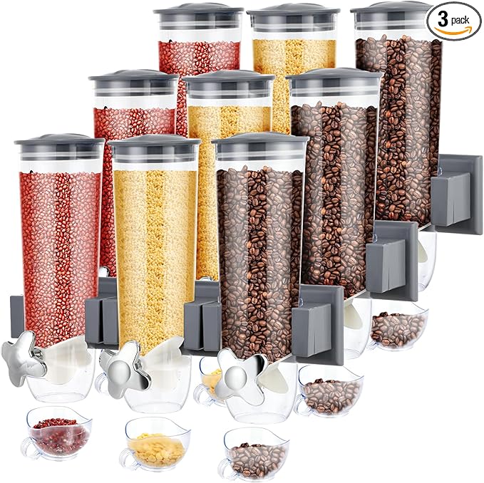 Triple Food Dispenser - 3 Set Easy To Use Dry Food Dispenser for Candy, Nuts, Rice, Granola, Cereal - Dispensing 1 Oz Per Twist And Preserving Freshness For Fun, Easy Serving.5.4 L (Each Set)(Gray)