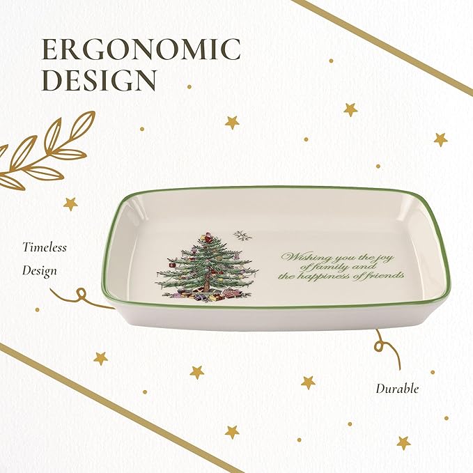 Spode Christmas Tree Rectangular Sentiment Tray (7" x 5") - Festive Earthenware Serving Plate for Holiday Snacks, Side Dishes, Treats, Durable Christmas Tableware - Microwave & Dishwasher Safe