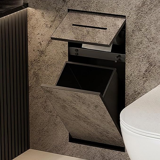Recessed Bathroom Trash Can & Toilet Paper Holder Tile-Friendly Built-in Hidden Garbage Bin Stainless Steel Recessed Storage Cabinet Shower Nich for Toilet Bathroom Hotel,C