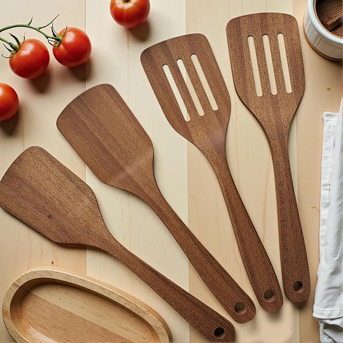 4 Pack Wooden Spatula for Cooking, Non-stick Turner Acacia Wood Spatula for Kitchen Use, Handmade Non-Toxic Cooking Spatula Set for Kitchen Gifts, Ideal Cookware Utensils for Cooking Eggs, Fish