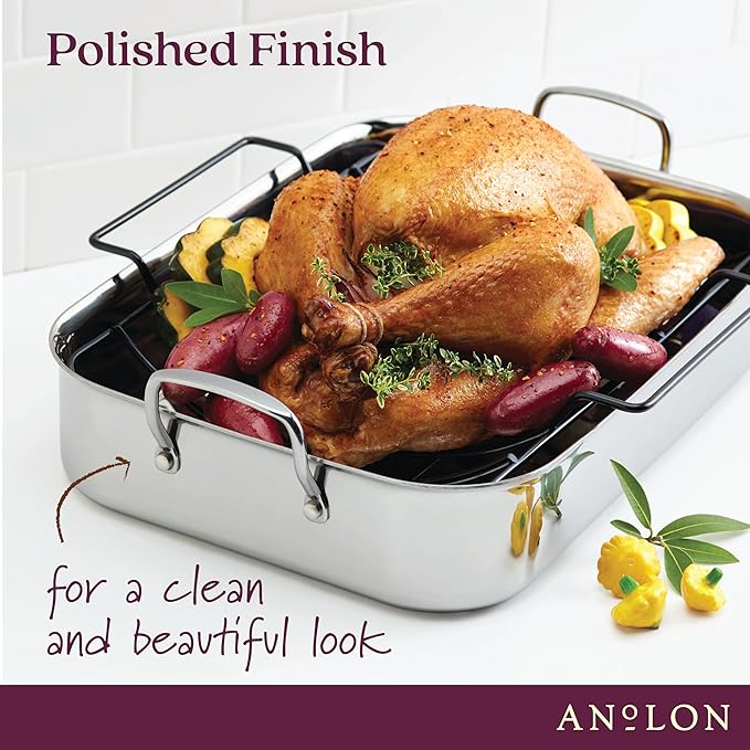 Anolon Triply Clad Stainless Steel Roaster / Roasting Pan with Rack - 17 Inch x 12.5 Inch, Silver