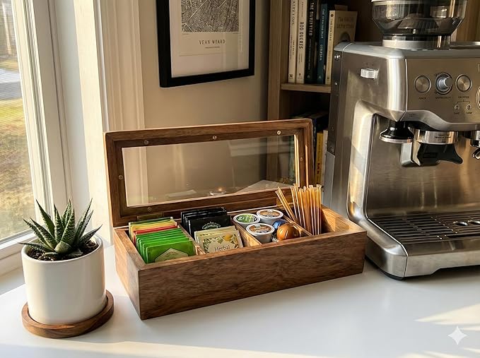 Acacia Wood and Bamboo Tea Bag Organizer - 4 & 8 Compartment Tea Box for Countertop - Tea Station & Coffee Bar Accessories - Fits Large & Craft Tea Bags (Wood, 4 Compartment)