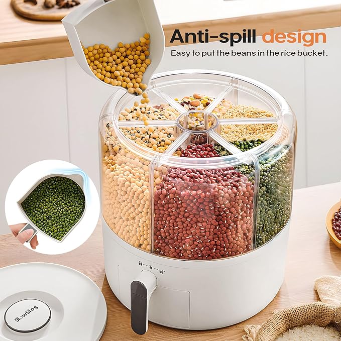 16lb Grain and Rice Storage Container, 6 Grid Rotating Dispenser, Airtight Rice Storage