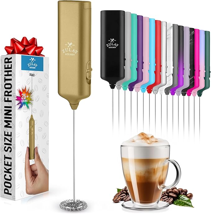 Mini & Mighty Milk Frother Wand – Powerful Handheld Coffee Frother, Battery Operated Drink Mixer – Compact Pocket Size – Detachable Whisk for Latte, Cappuccino, Matcha, Hot Chocolate – Gold