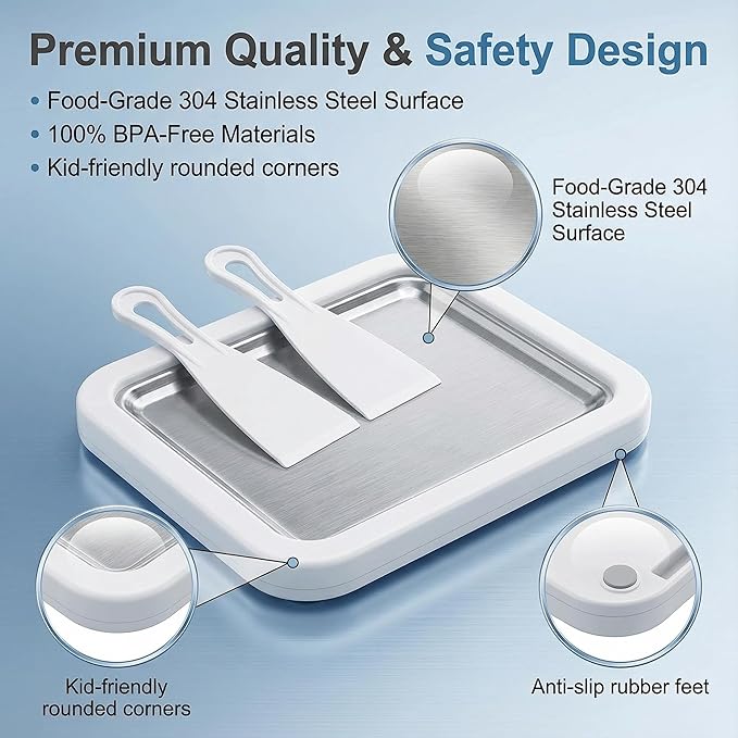 At-Home Rolled Ice Cream Maker Kit, Instant Freeze Plate with 2 Scrapers, DIY Ice Cream Roll Tray for Kids & Adults, Homemade Gelato, Sorbet & Frozen Yogurt, Stainless Steel Dessert Maker (White)