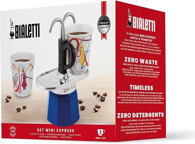Bialetti - Mini Express Kandinsky: Moka Set includes Coffee Maker 2-Cups (2.8 Oz) + 2 shot glasses, Light Blue, Aluminum