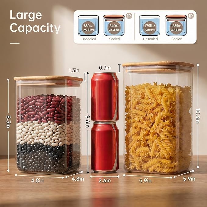 Extra Large Square Glass Flour & Sugar Storage Containers with Airtight Lids, 168 floz & 84 floz - 2 Pack Glass Jars with Bamboo Lids, Air tight Food Storage Containers for Cereal, Pasta, Rice