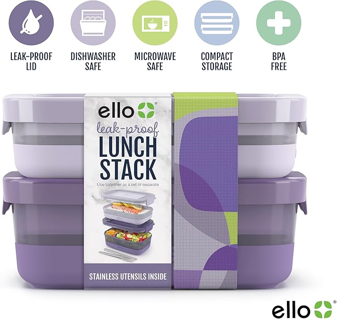 Ello 2-Pack Bento Box Lunch Stack Plastic Food Storage Container | Leak-Proof Locking Plastic Lids | Silicone Base | BPA-Free | Freezer Microwave and Dishwasher Safe | Wisteria