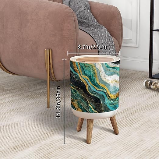 Trash Can with Lid Mural for Wall Frame Resin geode Abstract Art Functional Art Press Top Round Small Garbage Bin with Wooden Legs Waste Basket for Kitchen Bedroom Nursery 7L/1.8 Gallon