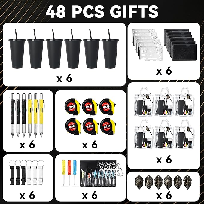 Baby Shower Prizes for Men - 6 Pack Complete Game Prize Set for Dad & Male Guests - Includes Survival Card Tool, Tape Measure, Bottle Opener Keychain, Plastic Cups, Pen, Screwdriver & Gift Bags
