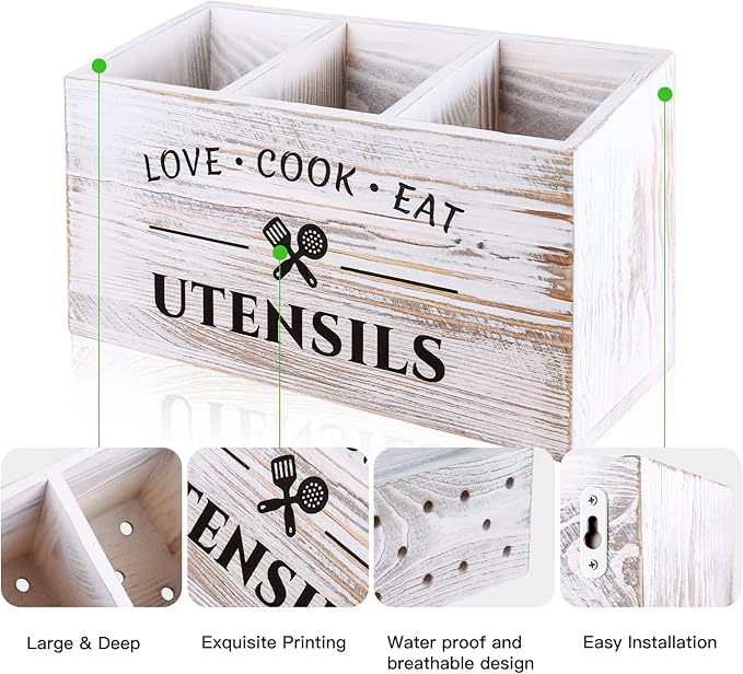 MINCORD Wood Kitchen Utensil Caddy with 3 Compartments, Rustic Farmhouse Style, Ideal for Storage and Organization, White