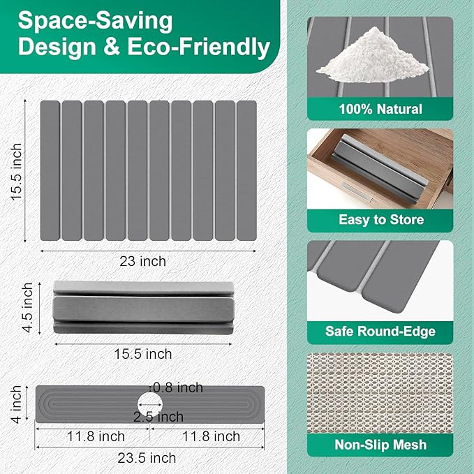 Stone Drying Mat for Kitchen Counter, 24"x16" Water Absorbing Dish Drying Mat with 24"x4" Faucet Mat for Kitchen Sink, Diatomaceous Earth Quick Dry Stone Mats for Dishes Bottles Cups (Dark Gray)