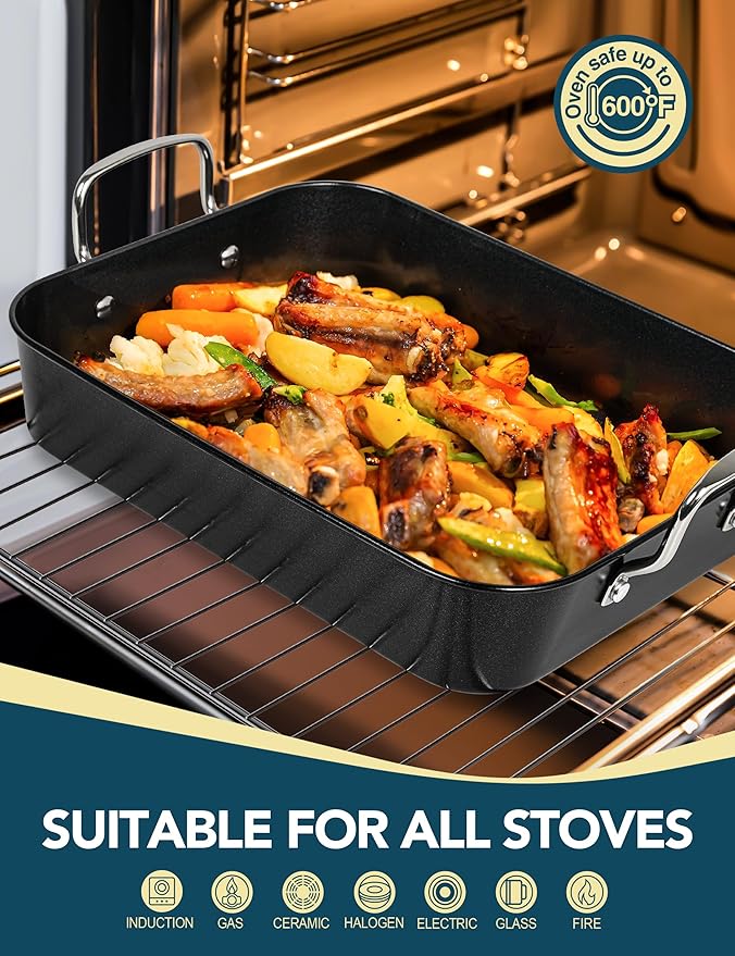 MICHELANGELO Carbon Steel Roasting Pan with Rack, Turkey Roasting Pan 15 Inch x 11 Inch, Nonstick Turkey Roaster Pan with Stainless Steel Rack, Induction Compatible