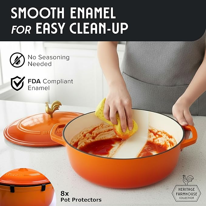 MUELLER HOME 5.5 Quart Enameled Cast Iron Oval Dutch Oven w Rooster Knob & Cotton Potholders, Heavy-Duty Cookware, Oven-Safe up to 500° F & Across All Cooktops, Gifts for Grandma & Women, Orange