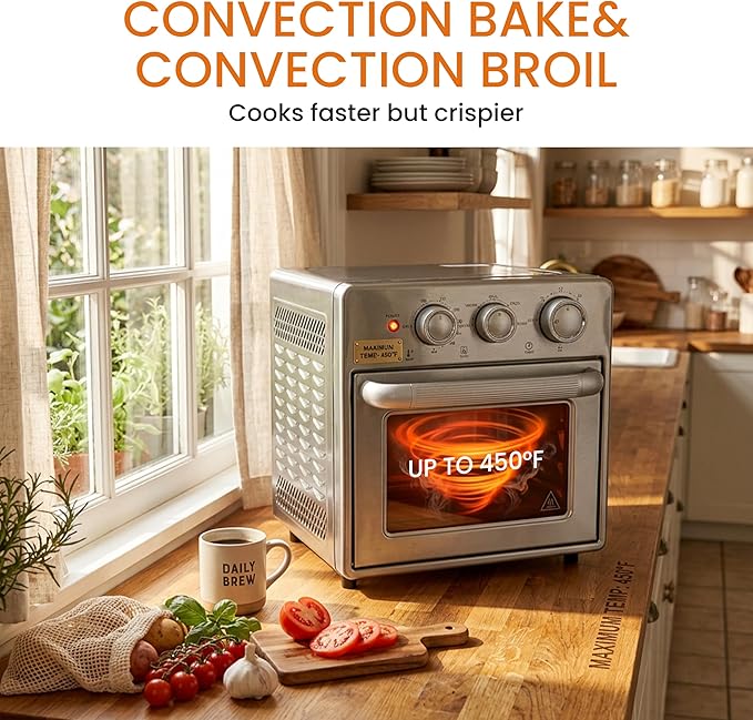 Simple Deluxe 16.9QT Air Fryer Toaster Oven Combo, 5-in-1 Countertop Convection Oven with Air Fry, Grill, Bake, Dehydrate, Up to 450°F, Stainless Steel