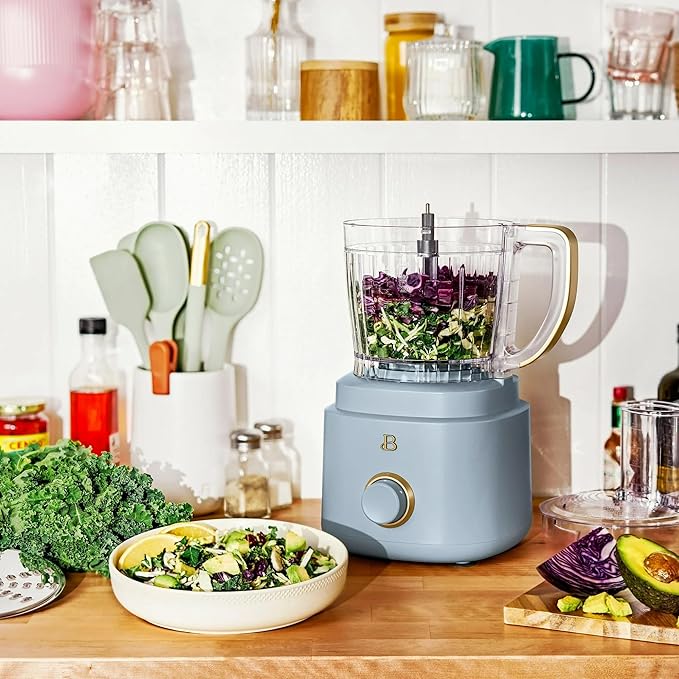 Beautiful by Drew Barrymore 10-Cup Food Processor, 500-Watts, Variable Speed, Pulse, 3" Wide Feed Tube, Stainless Steel Blades, Dishwasher Safe, Large Bowl, Accessories Included (Cornflower Blue)