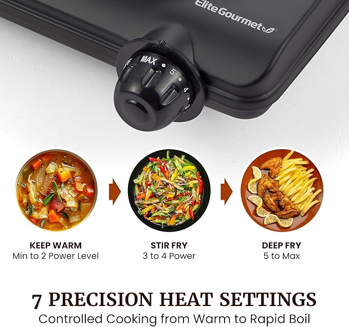 Elite Gourmet Countertop Electric Burner, 1000W Cast Iron Hot Plate, 7 Heat Settings, Portable Cooktop for RV, Dorm, Office & Small Kitchens, Road-Ready & Compact