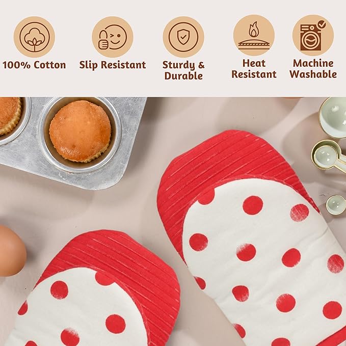 Folkulture Oven Mitts - Set of 2 (5.75"x9") | Polka Red Oven Mitts with Hanging Loop for Cooking Gifts, Kitchen Decor| 100% Cotton, Silicone Heat Resistant Mini Mitts