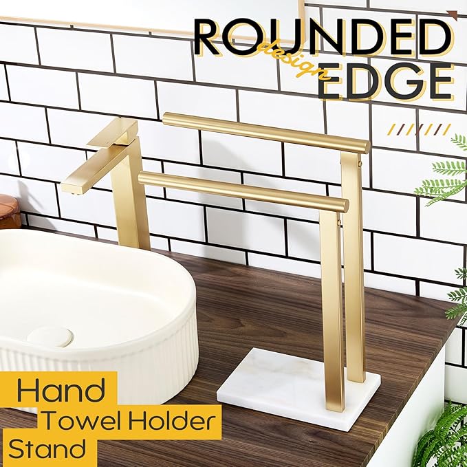 KOKOSIRI Hand Towel Rack Standing Towel Rails 2-Tier with Marble Base for Bathroom Vanity Countertop, Brushed Gold Stainless Steel 15.7'' Height THS0007-BG
