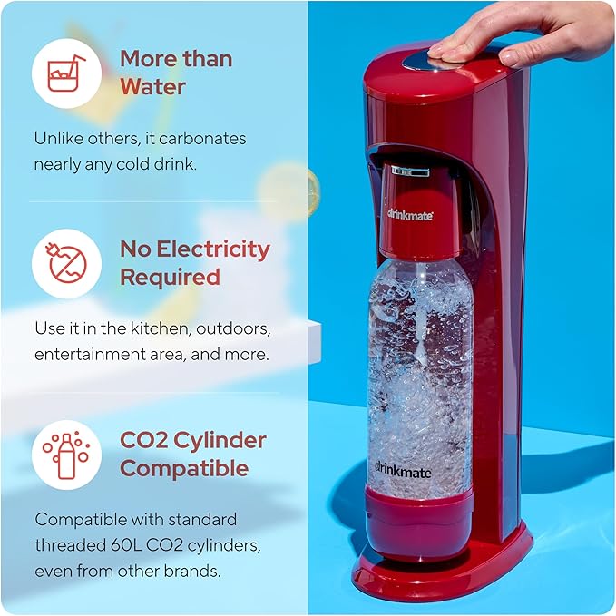 Drinkmate OmniFizz Sparkling Water Maker & Soda Streaming Machine | Carbonates Any Drink | STARTER KIT | Includes One 60L CO2 Cartridge + One BPA-Free Bottle (Royal Red)