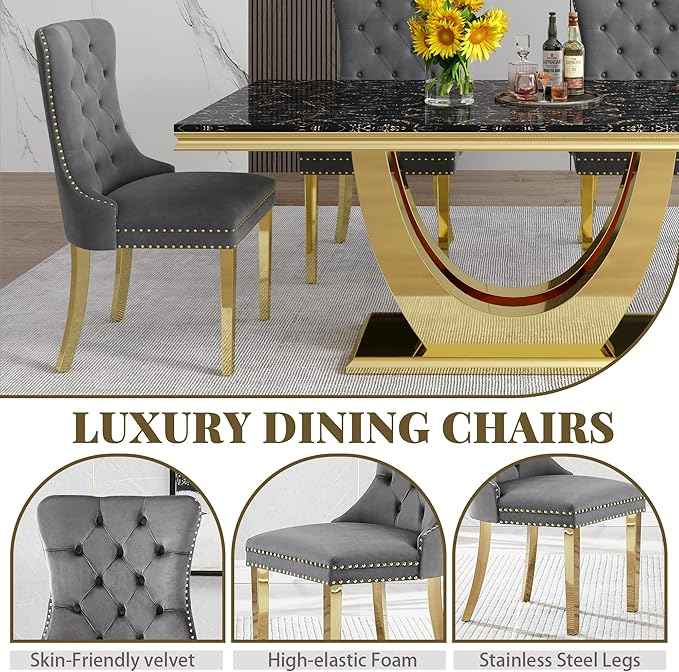 Marble Dining Table Set for 6,70" Black Faux Marble Kitchen Tables and Velvet Chairs for 6,7 Piece Luxury Dining Room Table Set and 6 Upholstered Chairs with Gold Stainless Steel Bases