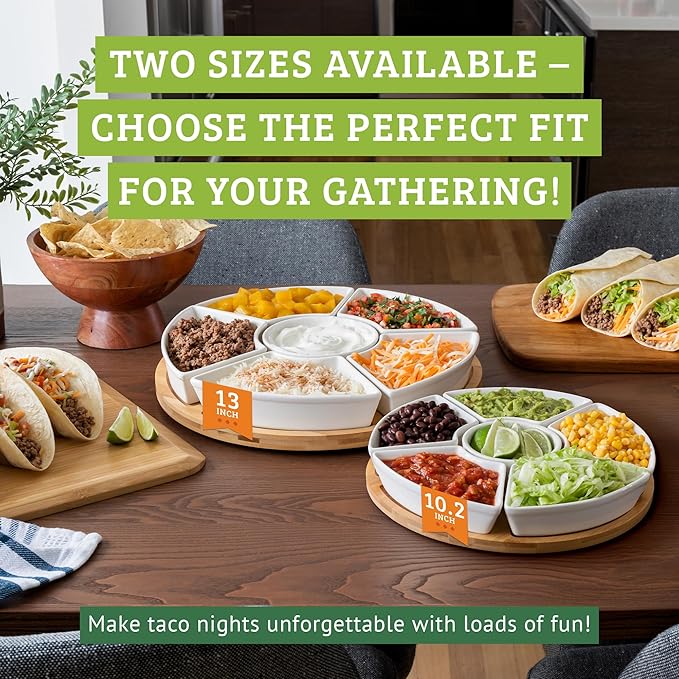 Ceramic Taco Serving Platter - Divided Serving Tray for Taco Tuesday Lazy Susan Taco Bar - Chip and Dip Serving Set for Party - Appetizer Serving Tray for Salsa, Snacks (13 in)