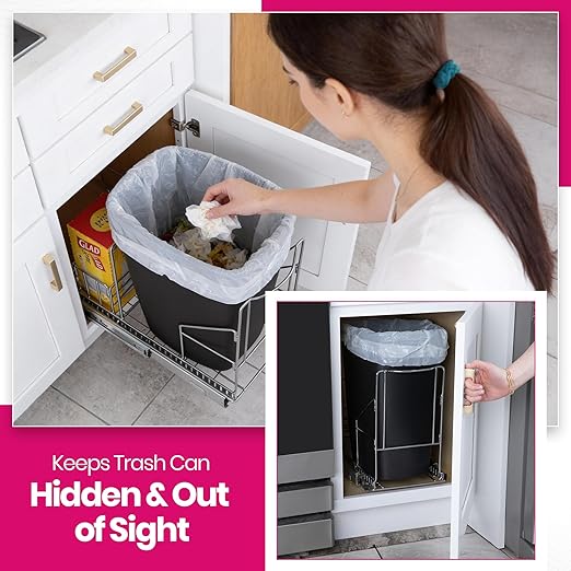 HOLDN’ STORAGE Pull Out Trash Can Under Cabinet - Trash Can Not Included - Dedicated Space for Disposable Trash Bags, Requires a 11” Cabinet Opening, Adjustable, Heavy Duty, Anti Rust Chrome Finish