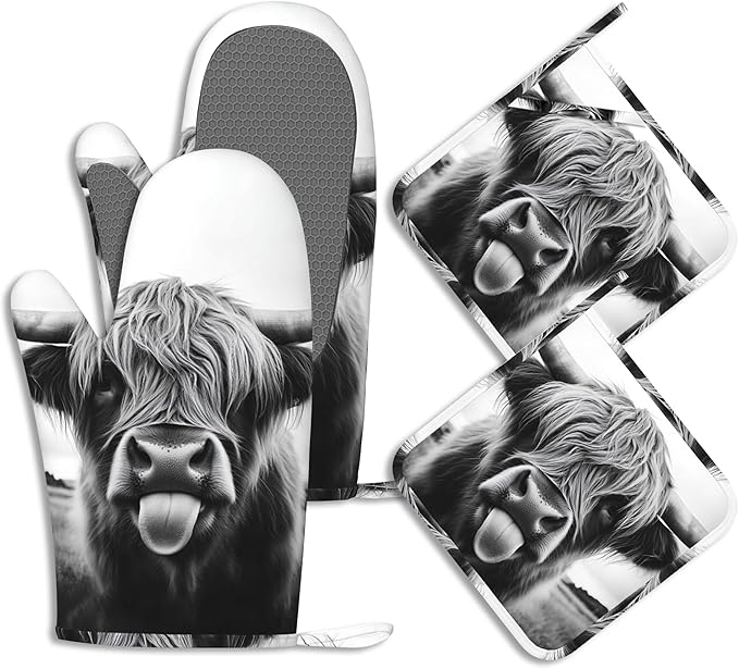 Oven Mitts and Pot Holders Sets Highland Cow Silicone Kitchen Mits Potholders Cute Highland Cattle Heat Resistant 4Pcs Oven Gloves Hot Pads for Baking Cooking BBQ Grilling Home Decor