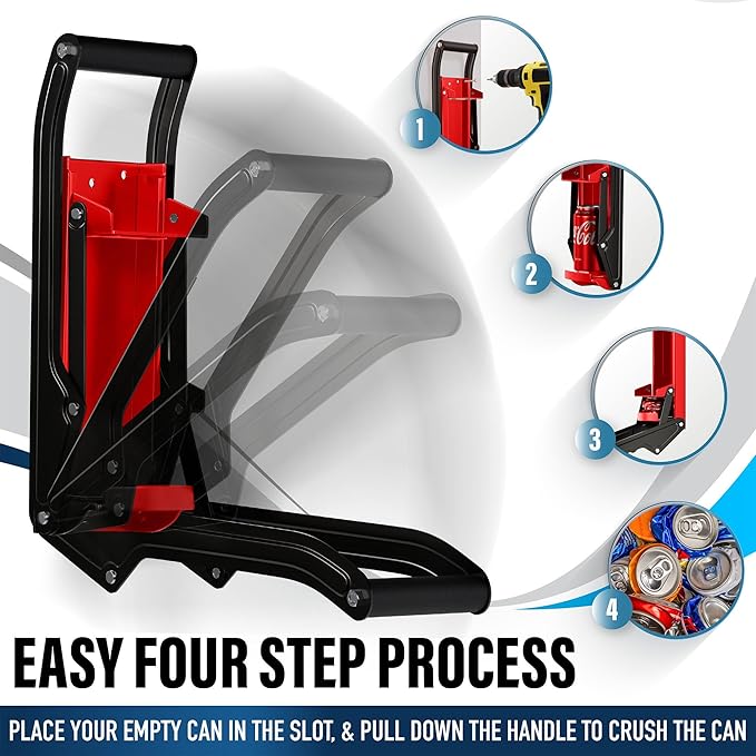 Can Crushers for Recycling - 16 oz Heavy Duty Aluminum Can Crusher Wall Mounted - Soda and Beer Can Smasher for Recycling with Bottle Opener - For 12 and 16 oz Cans - Easy to Install, Red - RamPro