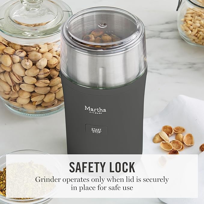 Martha Stewart Electric Coffee & Spice Grinder, Dual 2.5oz Removable Bowls, Storage Lids, Stainless Steel Blades, One Touch Pulse Control, 2-in-1 Compact, Beans & Spices, Herbs & Nuts, Caviar Gray