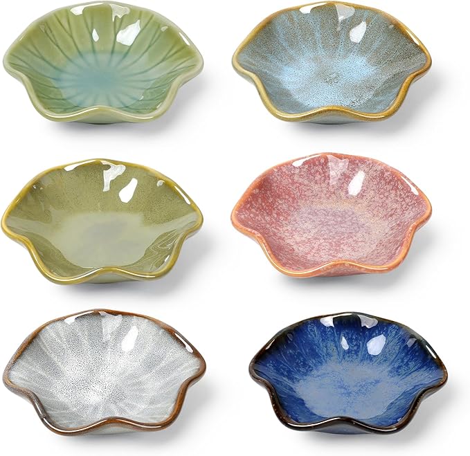 Dipping Bowls Set of 6, Ceramic Soy Sauce Dishes, 2 oz Dipping Sauce Cups, chrysanthemum Round Small Side Dish Dishes for Dipping Sushi Tomato Soy Sauce Dish Condiment Finger Bowls