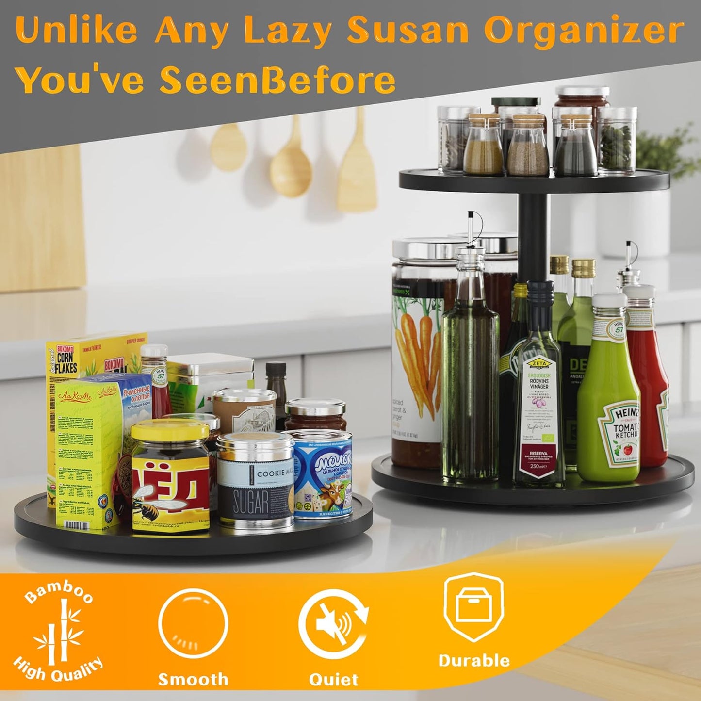 Lazy Susan Organizer Homerays 10 Inch Non-Skid Bamboo Lazy Susan for Kitchen Rotating Spice Rack for Kitchen Cabinet, Wood Turntable for Kitchen Countertop Organizer Black