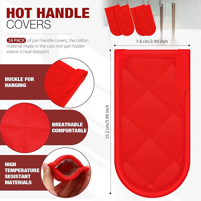Dandat 24 Set Hot Handle Covers for Daily Replace Use Gift Pan Handle Sleeve Covers Heat Resistant Cast Iron Holder Sleeve Washable Handgrip Mitts for Christmas Kitchen Gifts Craft (Black Red)