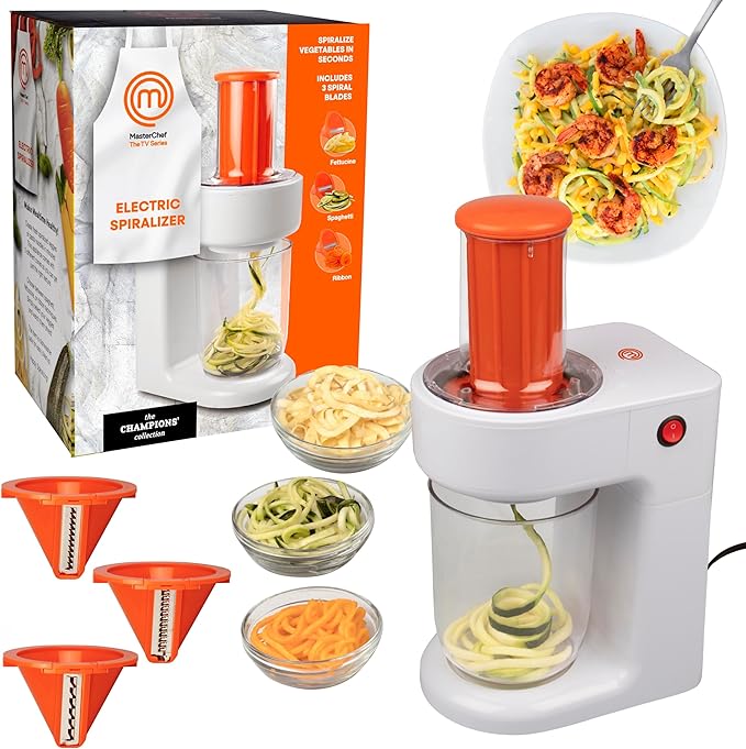 MasterChef Electric Spiralizer- 3-in-1 Vegetable Noodle Pasta Maker- Homemade Low Carb, Keto, Vegan, Gluten Free- Zoodle Zucchini Veggie Slicer & XL Hopper, FREE Recipes- Quick Healthy Meal Prep Gift