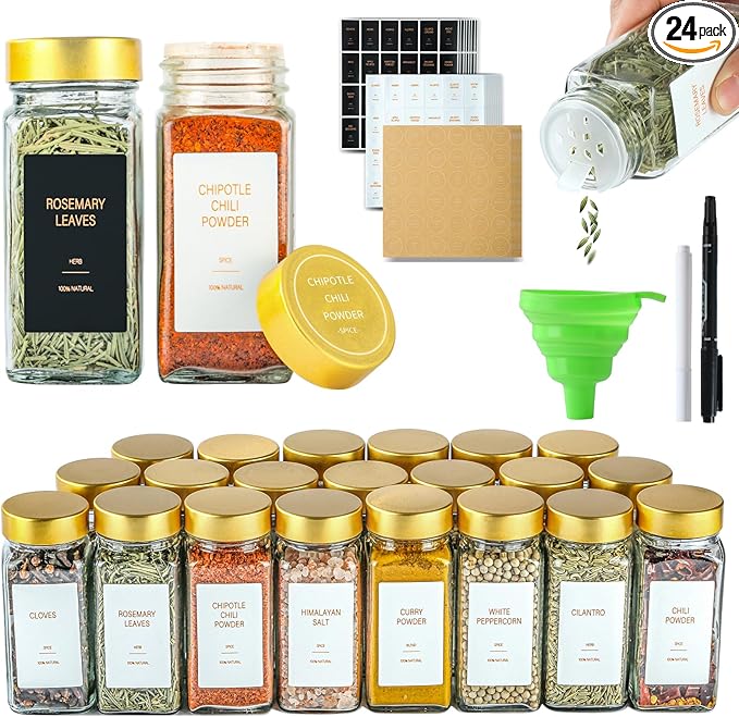 Gold Spice Jars with Label，4oz Seasoning Containers, Glass Spice Bottles with Shaker Lids,Funnel, Chalk Pen for Cabinet，Drawer，Rack(24)
