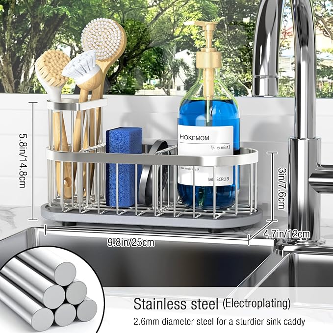 Sponge Holder for Kitchen Sink with High Brush Holder, [Stay-Dry Anywhere & No Drainage Needed] Rustproof Stainless Steel Kitchen Sink Caddy Organizer with Water Absorbing Stone Tray, Silver