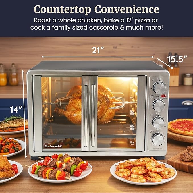 Elite Gourmet ETO-4510M French Door 47.5Qt, 18-Slice Convection Oven 4-Control Knobs, Bake Broil Toast Rotisserie Keep Warm, Includes 2 x 12" Pizza Racks, Stainless Steel