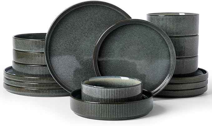 Famiware Star Stoneware Dinnerware Sets for 4 (16pcs), Chip and Scratch Resistant, Microwave & Dishwasher Safe Complete Dishes, Pasta Bowl, Cereal Bowl, Dinner Plate, Salad Plate, Ribbed, Deep Forest
