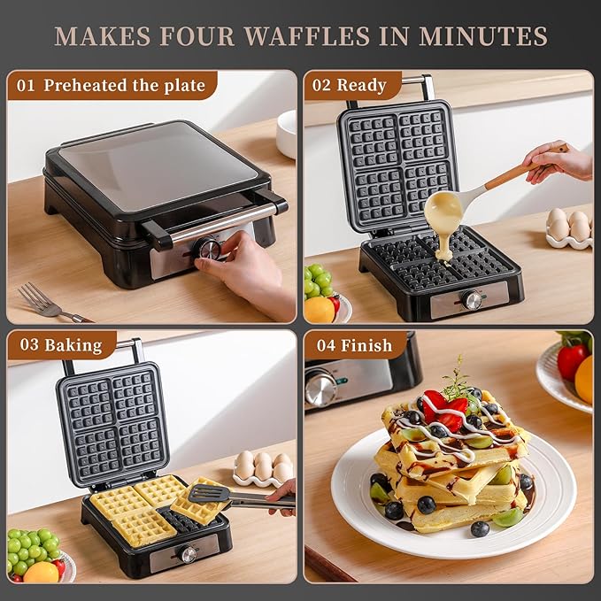 UVFAST Waffles Maker Waffle Iron, 4 Belgian Square Waffle Maker, Belgian Waffle Maker Thick with Non-stick Plate, Breakfast Waffle Machine Make Waffle in Minutes, 3 Browning Level, 1200W