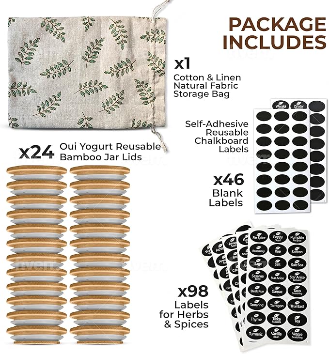 Oui Yogurt Jar Lids Bamboo Mandala – 24-Pack Airtight Bamboo Lids for Oui Glass Jars – Fits Regular & Petite Yogurt Jars – Reusable Jar Tops with Labels & Storage Bag