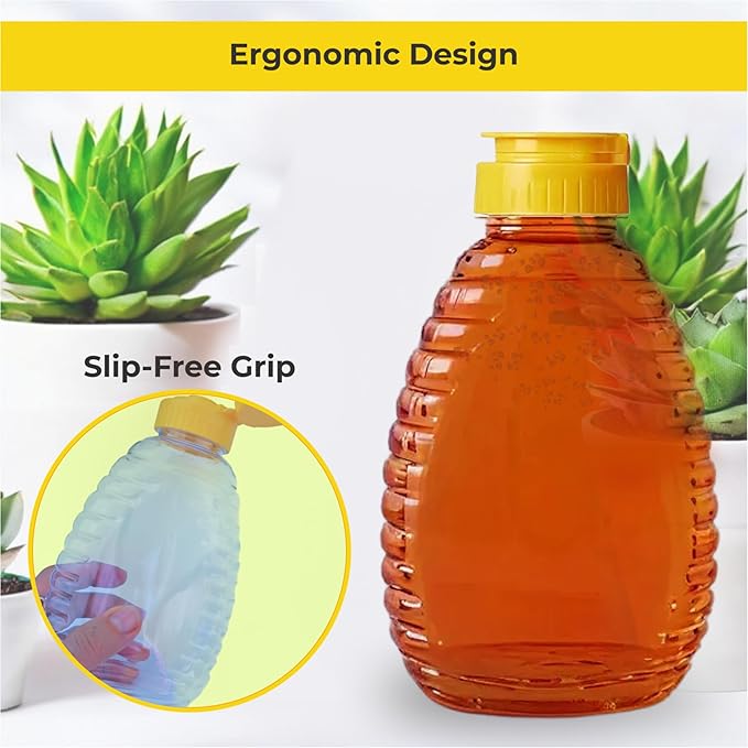 Skywin TidyFriend Honey Bottles 16 oz – 6 Pack Empty Honey Squeeze Bottle with Flip Lid & Seal, Clear Plastic Beehive Design, PET Containers