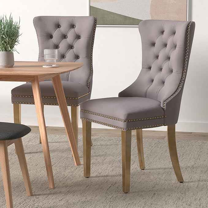 Grey Velvet Dining Chairs Set of 2, Upholstered Dining Room Chairs with Back Ring Pull Trim and Golden Stainless Steel Legs,Modern Kitchen Chairs for Dining Room,Living Room,Kitchen(Grey)