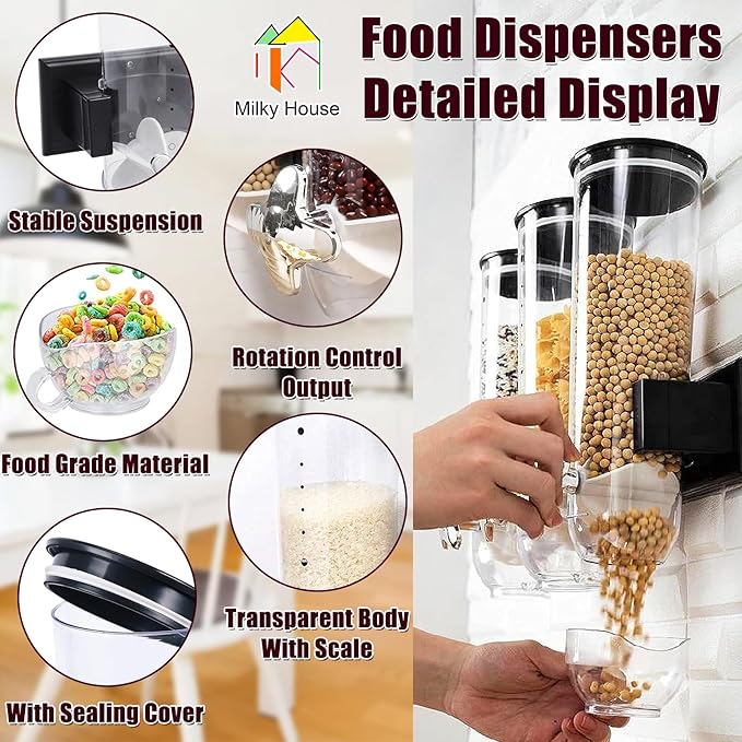 2 Pack Cereal Dispensers, Wall Mounted Food Dispenser Large Capacity Candy Dispenser, Double Dry Food Dispensers Wall Mount, Grain Dispenser for Kitchen Storage Oatmeal Snack Coffee Beans Candy, Black