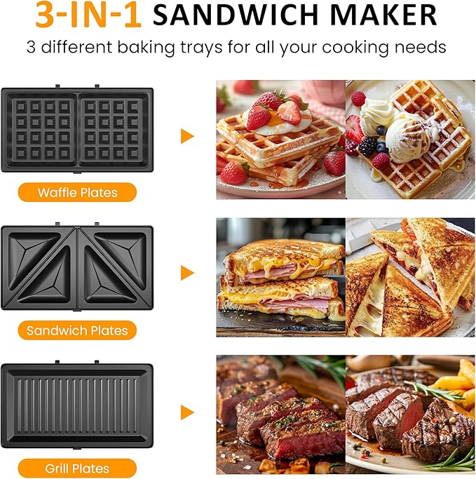 Sunvivi 3 in 1 Electric Sandwich Maker: Panini Press Grill and Waffle Iron Set, Grill and Sandwich Press with Removable Non-Stick Plates, Indicator Lights & Cool Touch Handle, 800W, Silver