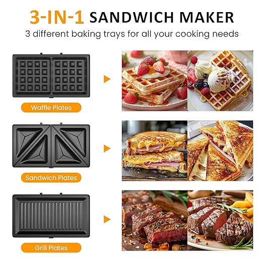 3 in 1 Waffle, Grill & Sandwich Maker, Sandwich Maker Panini Press Waffle Iron Set with Removable Non-Stick Plates & Indicator Lights, Panini Press Grill for Breakfast, 800W, Black