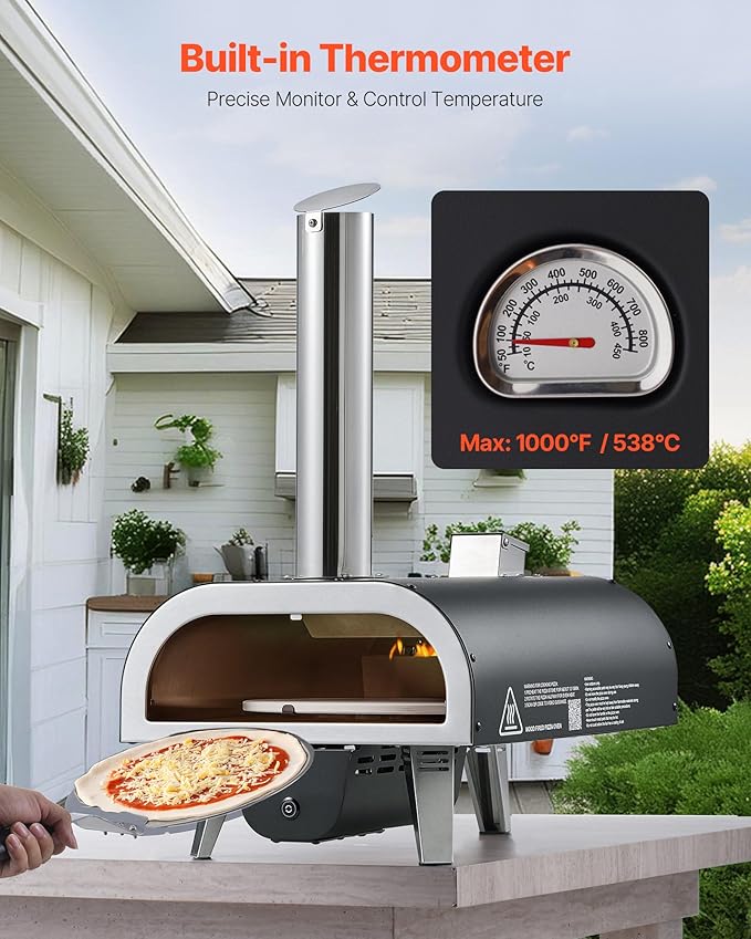 VEVOR Wood-Fired Pizza Oven Outdoor, 12" Auto Rotate Pizza Ovens, Portable Pellet Pizza Maker with Thermometer & Electric Rotating System, Pizza Stone, Carry Bag & Shovel for Backyard, Patio, Camping