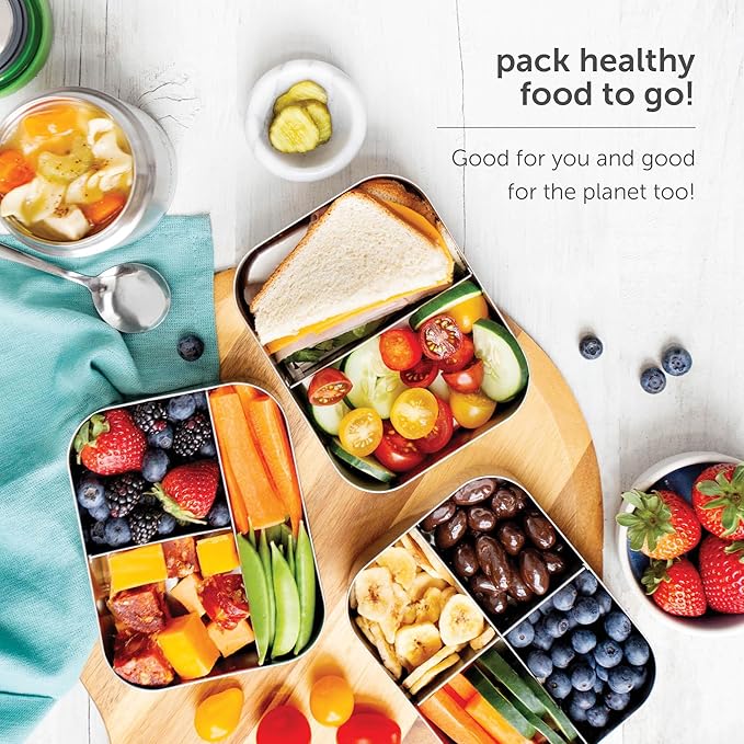 LunchBots Large Cinco Stainless Steel Lunch Container - Five Section Design Holds a Variety of Foods - Metal Bento Box for Kids or Adults - Dishwasher Safe - Stainless Lid - Aqua Dots
